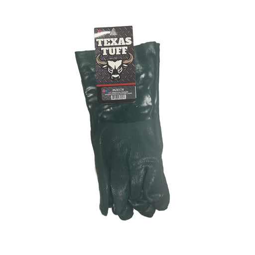 Pair of green gloves with Texas Tuff packaging on a white background