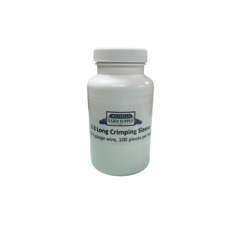 White crimping sleeve container with a label on a white background