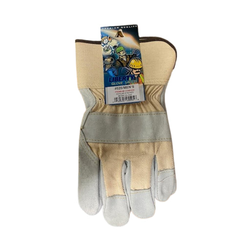 Tan and grey glove against a white background