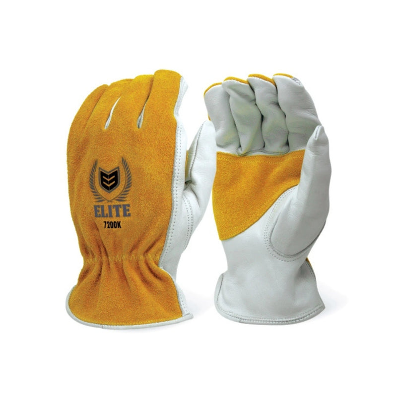 Two gold and white gloves on a white background