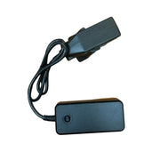 Black battery charger with a cable on a white background