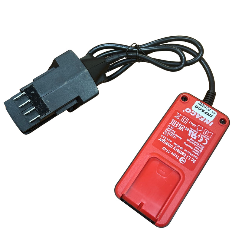 Red battery charger with black cable on a white background
