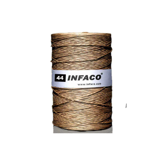 Spool of brown thread with Infaco label on a white background