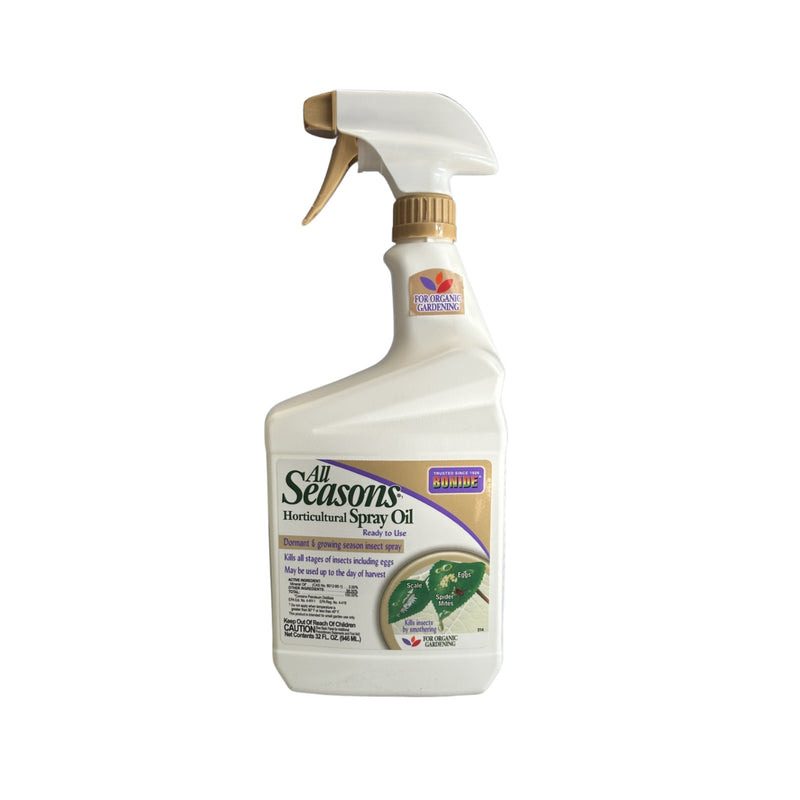 A white bottle with an All Seasons Horticultural Spray Oil label against a white background