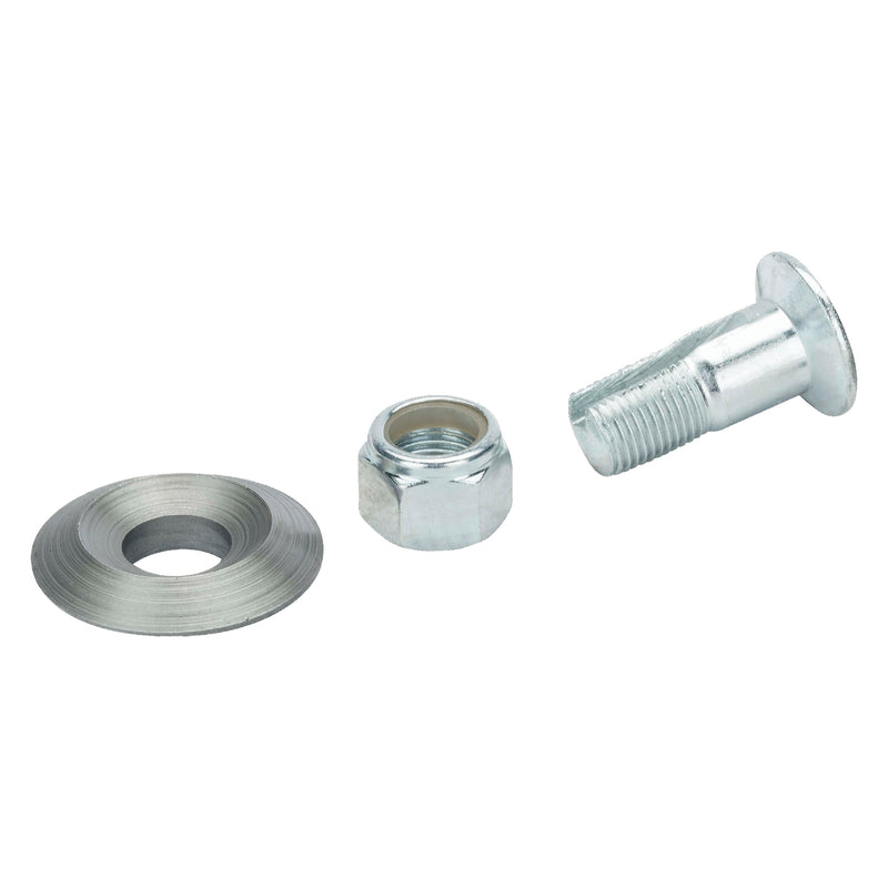 Metal bolt, washer, and nut set on a white background