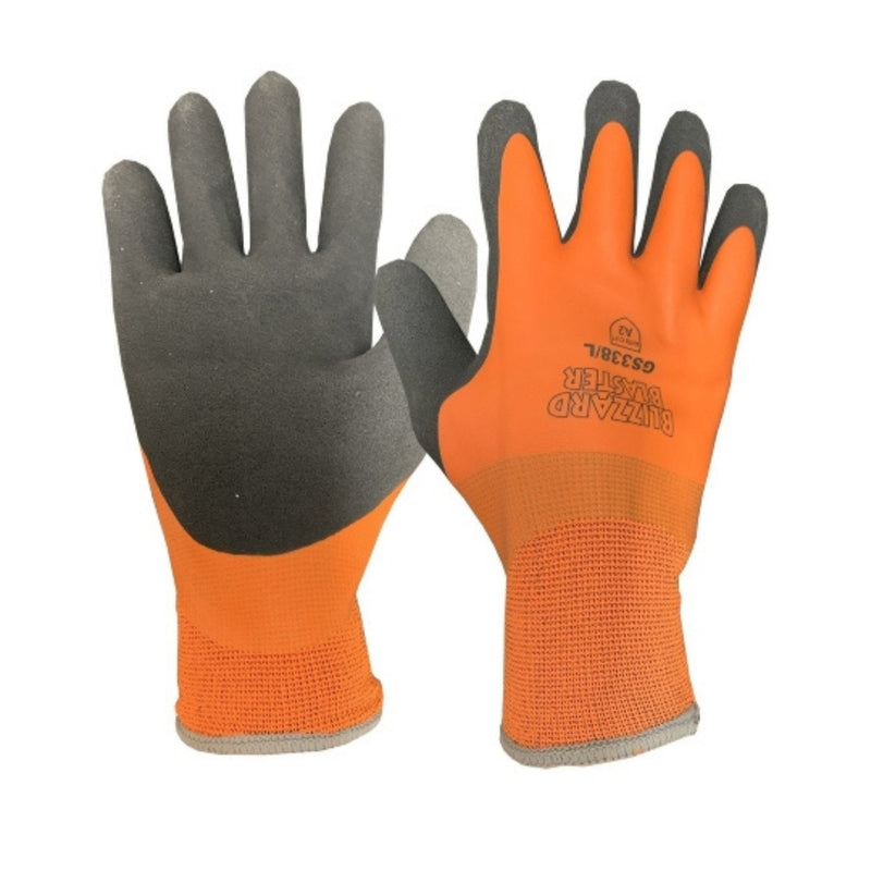 Orange and black gloves against a white background
