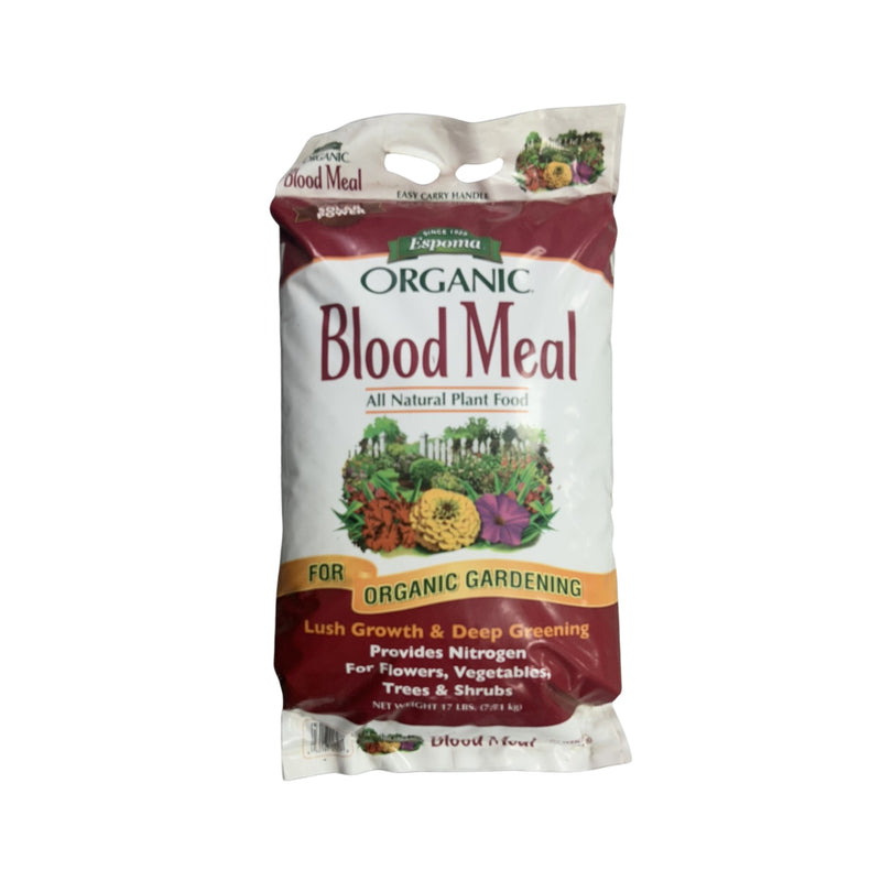 Bag of organic blood meal for gardening on a white background