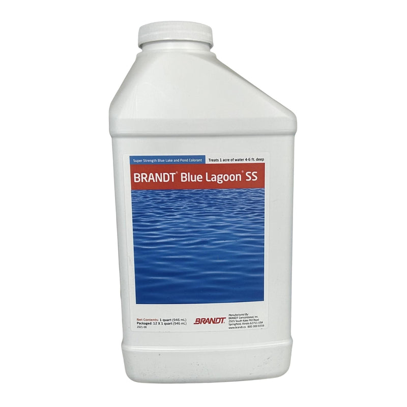 A white quart size bottle of a quart Brandt Blue Lagoon on a white background.