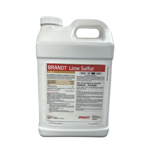 A white jug of Brandt Lime Sulfer with a label containing black writing and a red banner against a white background. 