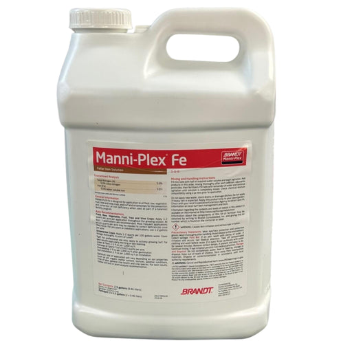 Jug of Brandt Manni-Plex Fe with a red and white label on a white background