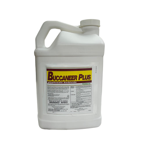 A white jug with a Buccaneer Plus label against a white background