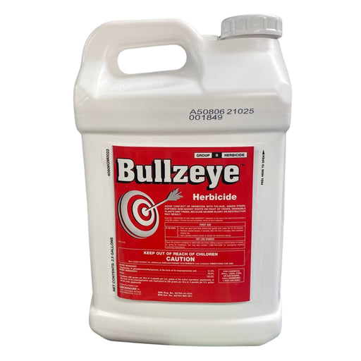 A white jug of Bullzeye Herbicide with a red label on a white background.