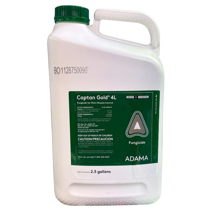 White jug with a green 'Captan Gold 4L label on a white background