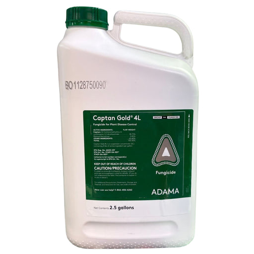 White jug with a green 'Captan Gold 4L label on a white background