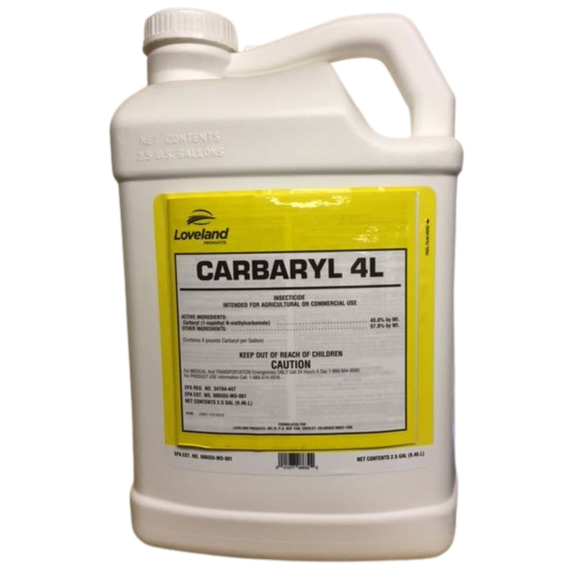 A white jug of Carbaryl 4L with a yellow label on a white background.