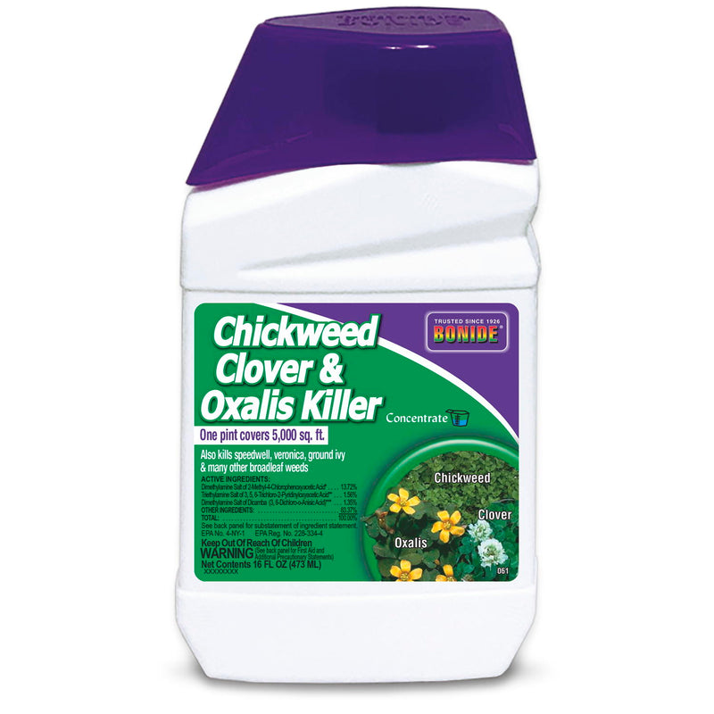 Bottle of Chickweed Clover & Oxalis Killer with a purple cap on a white background