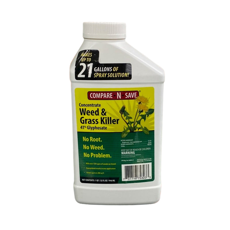 A white bottle of Compare N Save Concentrate Weed & Grass Killer with a yellow and green label on a white background