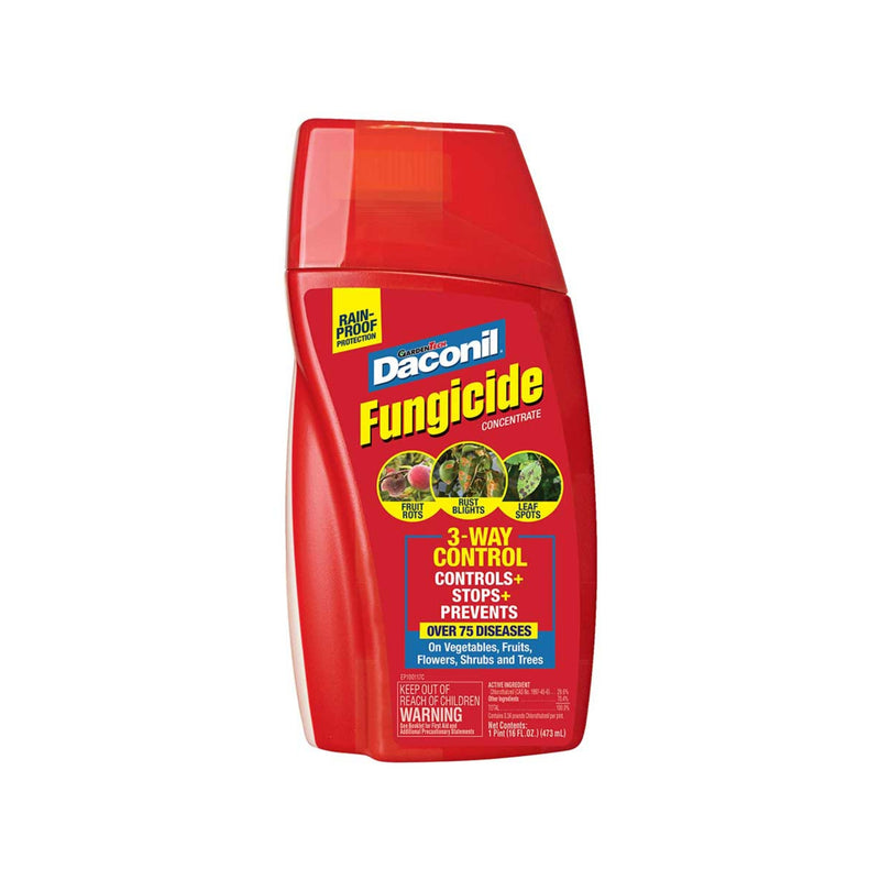 Red bottle of Daconil Fungicide on a white background
