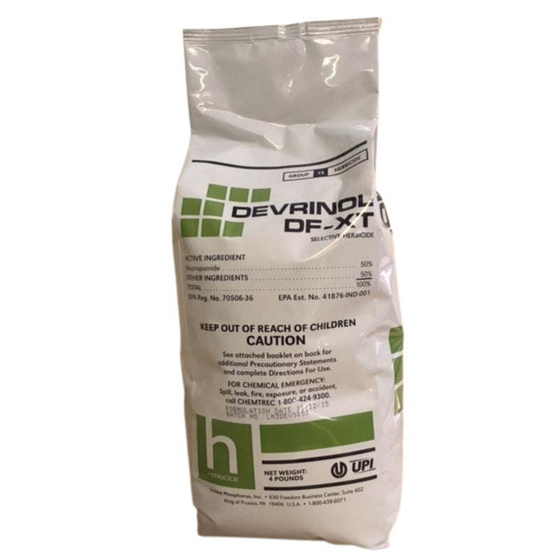 A white bag of Devrinol DF-XT herbicide on a white background.