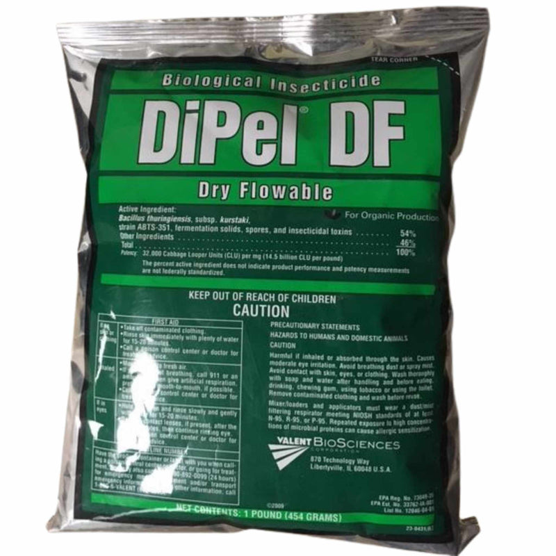 Bag of DiPel DF Biological Insecticide with green label on a white background