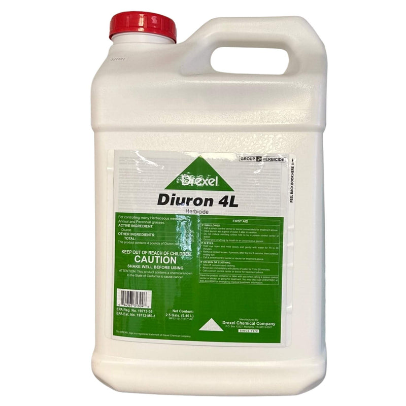 A white jug of Drexel Diuron 4L with green label on a white background