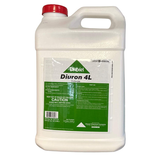 A white jug of Drexel Diuron 4L with green label on a white background