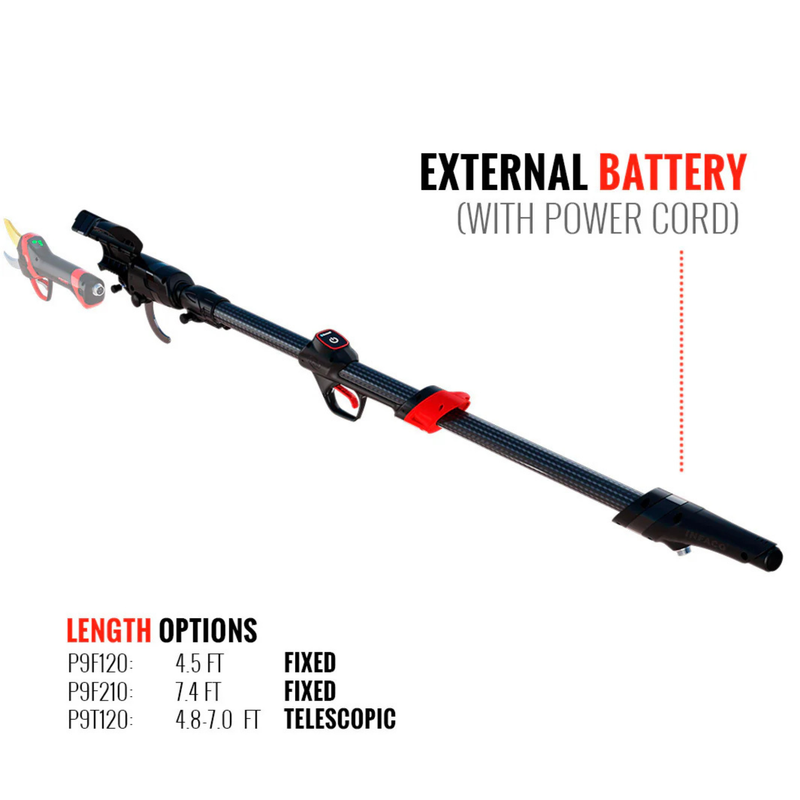 Telescopic pole with external battery and power cord on a white background