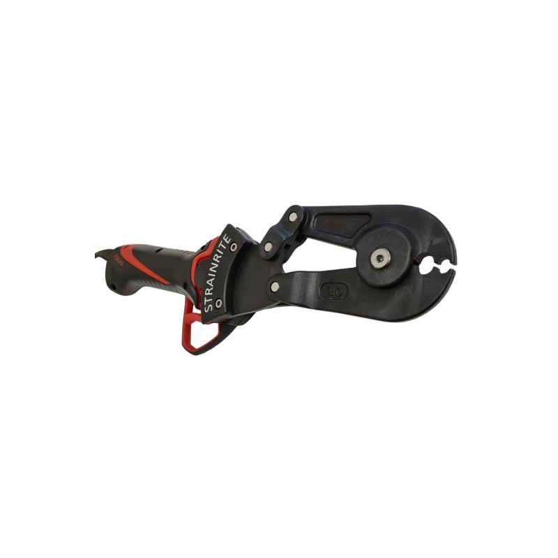 Black Strainrite Crimping tool attached to a black and red Felco shear handle on a white background