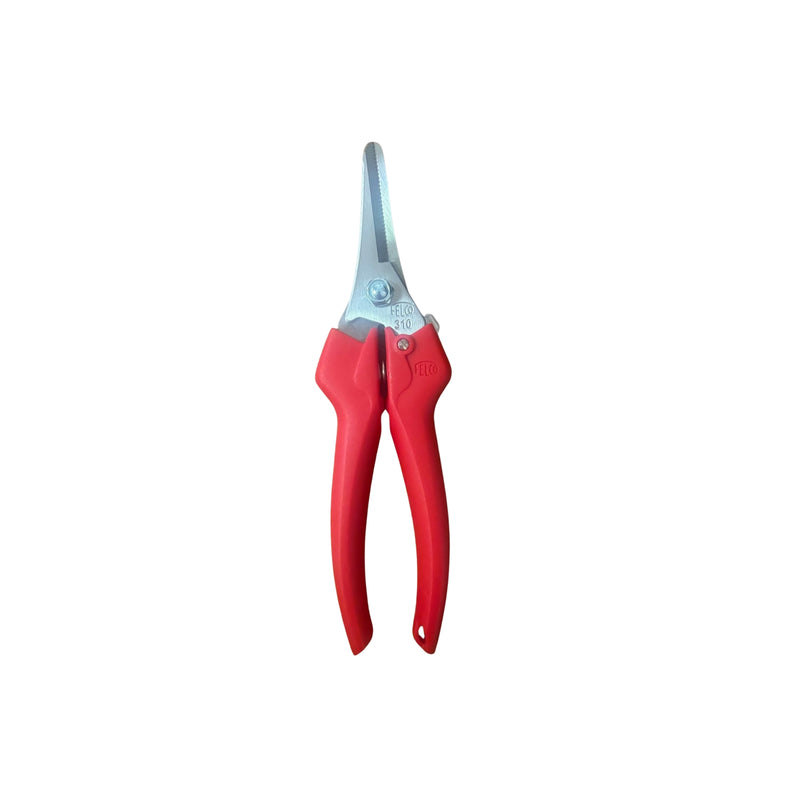 Red-handled harvesting snips on a white background