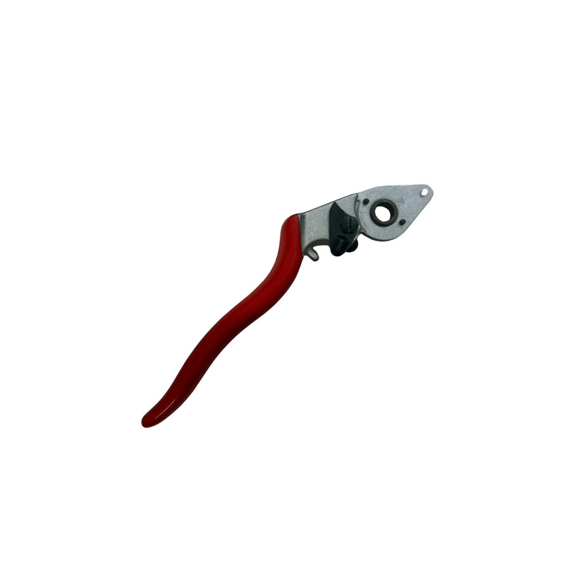 Pruning shear handle with red coating and locking mechanism on a white background