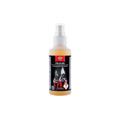 a bottle of Felco 981 Resin Remover with a black and red label on a white background