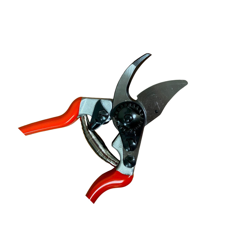 a pair of Felco F14 pruning shears with the blade open on a white background