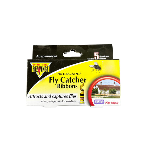 A black and yellow box of Revenge Fly Catcher Ribbons against a white background