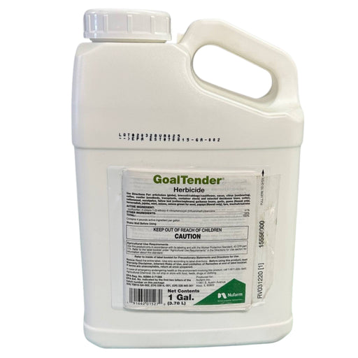 A white jug of GoalTender Herbicide on a white background.