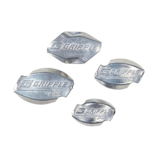 Four metallic Gripple fasteners on a white background