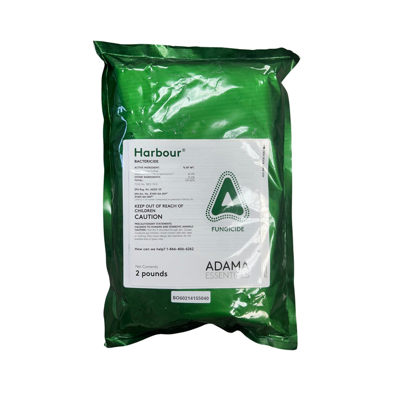 A 2-pound green resealable bag of Harbour Fungicide by Adam's Essentials, featuring a white label with green text and a triangular logo, set against a plain white background.