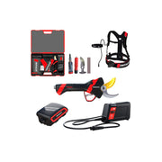 Pruning tool set with a case, pruner, battery pack, and harness on a white background.