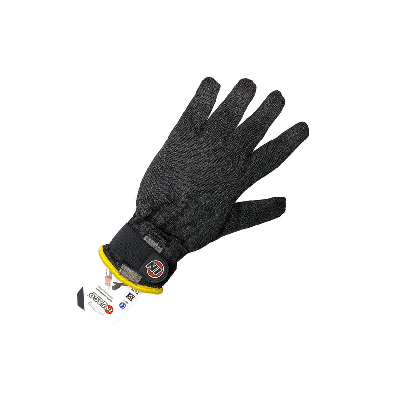 Black glove with a brand label on a white background