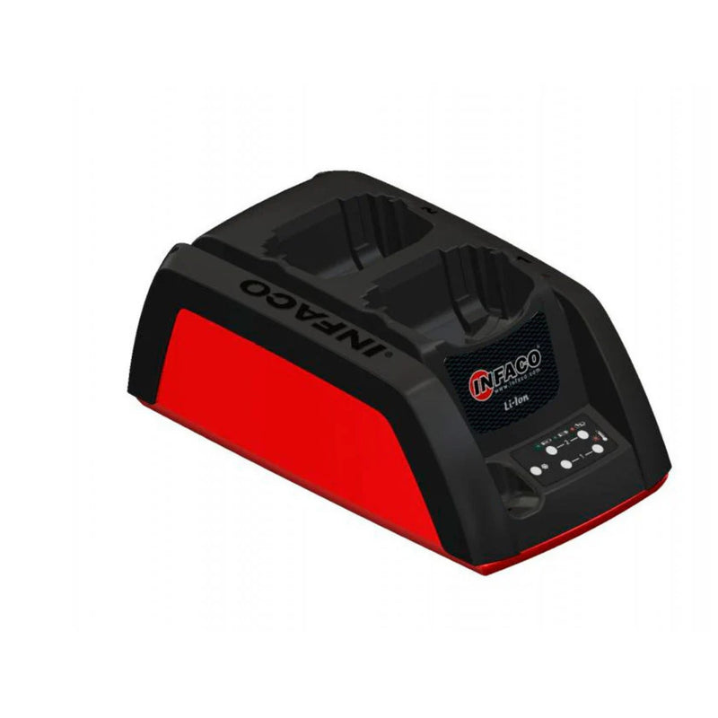 Red and black INFACO battery charger on a white background