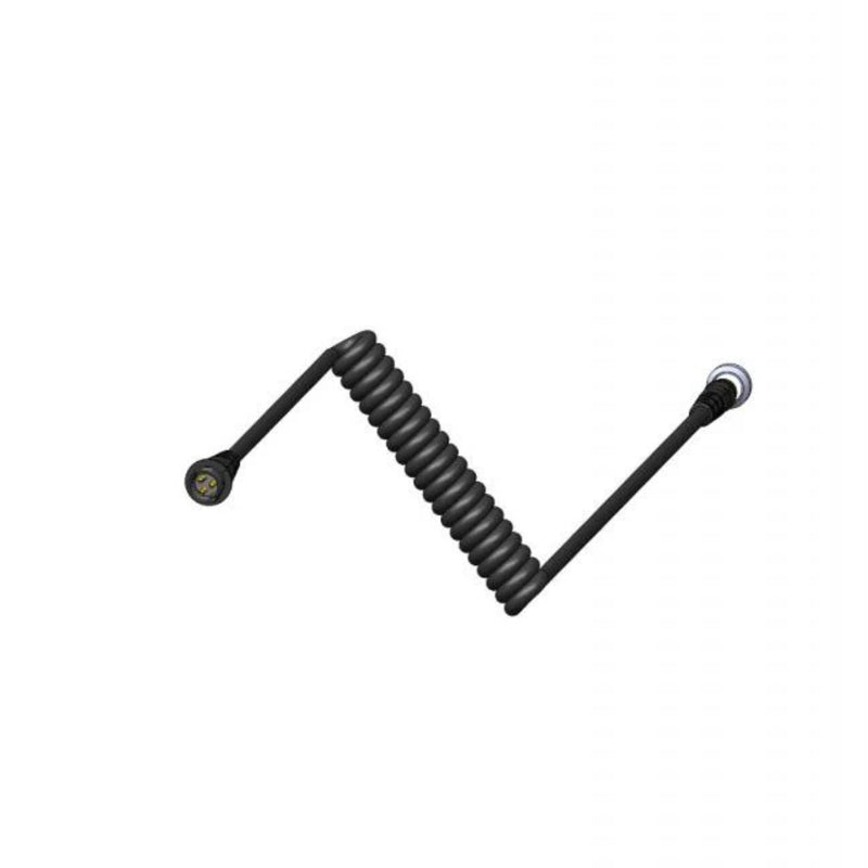 Coiled black cord on a white background