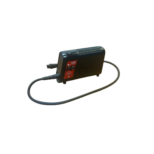 Black battery charger with a red label on a white background