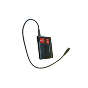 Black battery charger with a red label on a white background