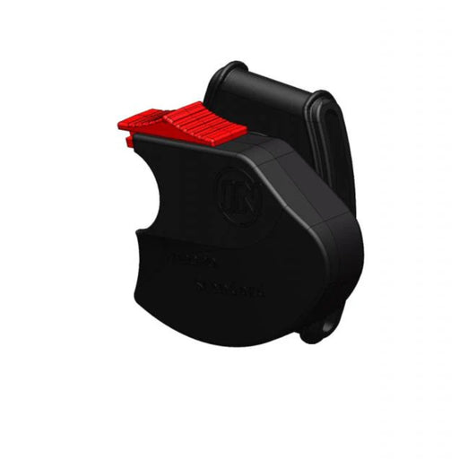 Black and red belt holster clip on a white background