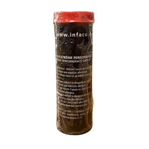 Tube of Infaco grease with red cap on a white background