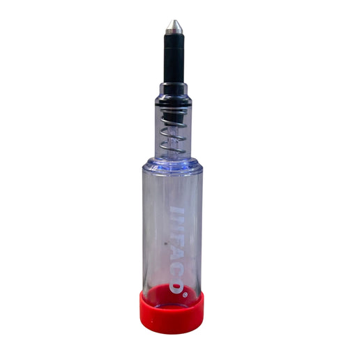 Clear grease gun with red cap on a white background