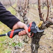 Person using a red and black Infaco pruner to trim tree branches.