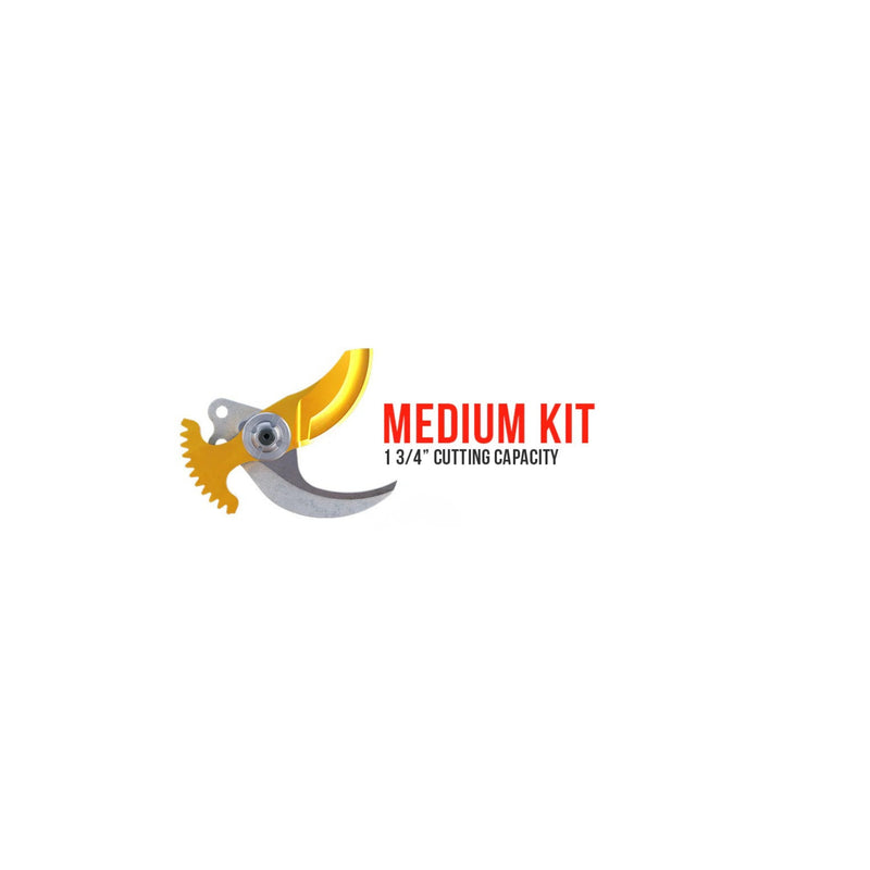 pruning blade next to words Medium Kit against a white background