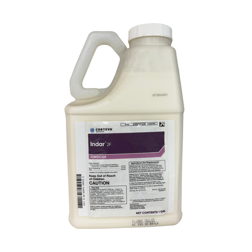 A 1-gallon plastic jug of Costeva Indar 3F fungicide, featuring a white body, white handle, and a white label with a prominent purple band.