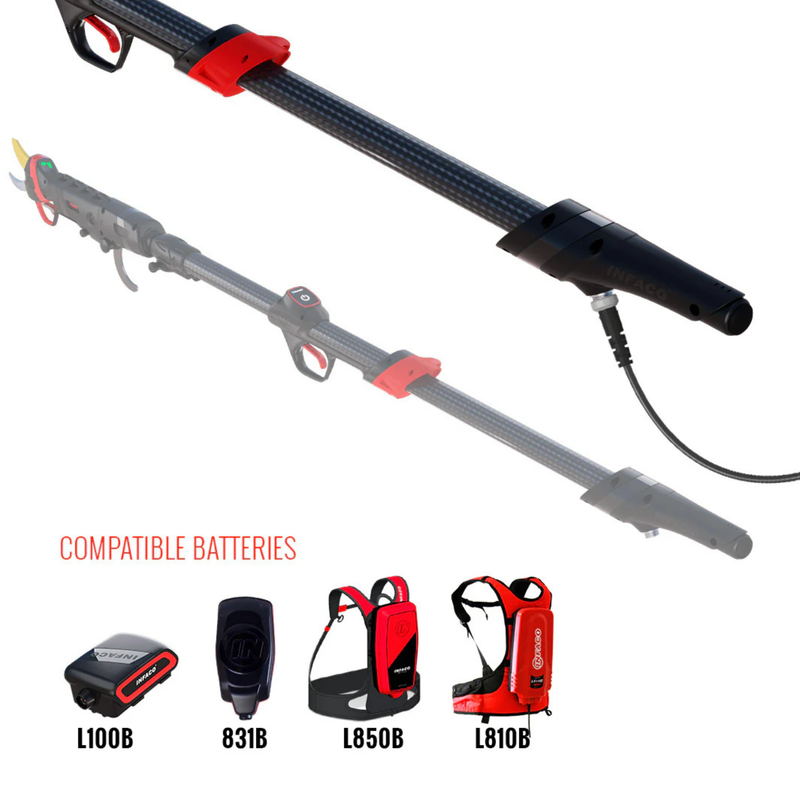 Two pole pruners with compatible batteries displayed on a white background