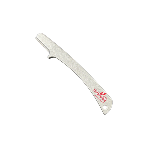 Silver knife sharpener with a brand logo on a white background